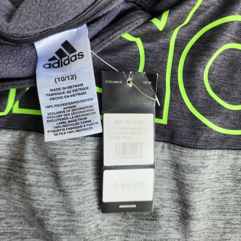 NWT Adidas Charcoal Gray Green Logo Pullover Fleece Hoodie Kids M (10-12)